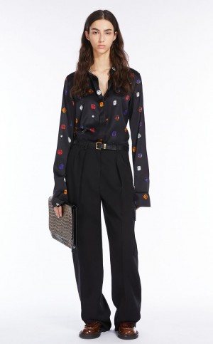 BLACK MaxMara Satin Printed With Gem Pattern Blouses | MMR593581