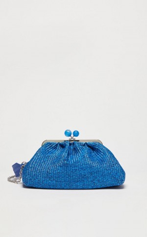 CORNFLOWER BLUE MaxMara Medium Pasticcinoin Raffia Weekend Bag | MMR594142