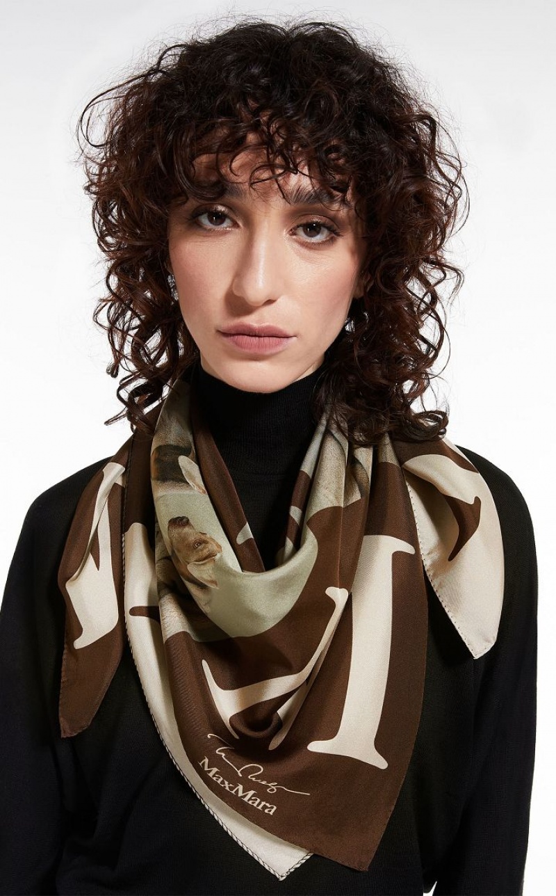 BEIGE MaxMara Printed Silk Scarf Scarves | MMR594282