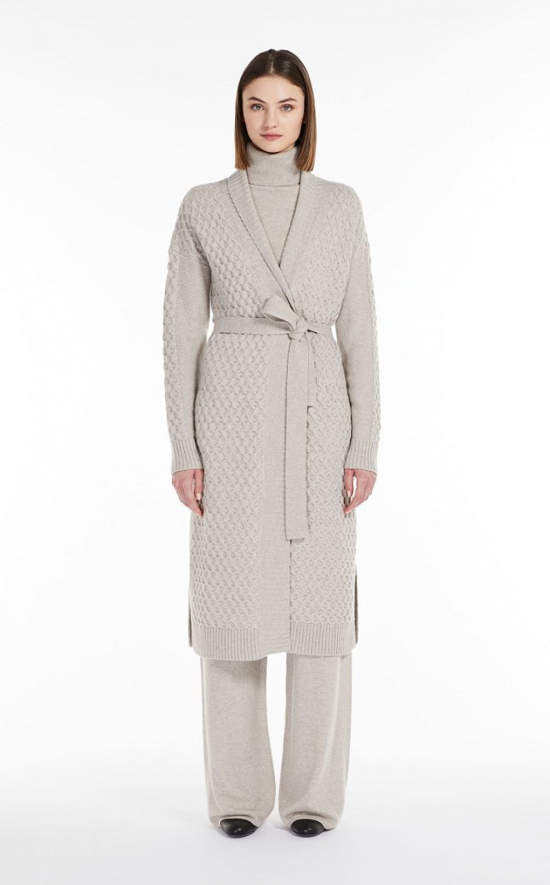 BEIGE MaxMara Wool And Cashmere Yarn Maxi Cardigan Coats | MMR593849