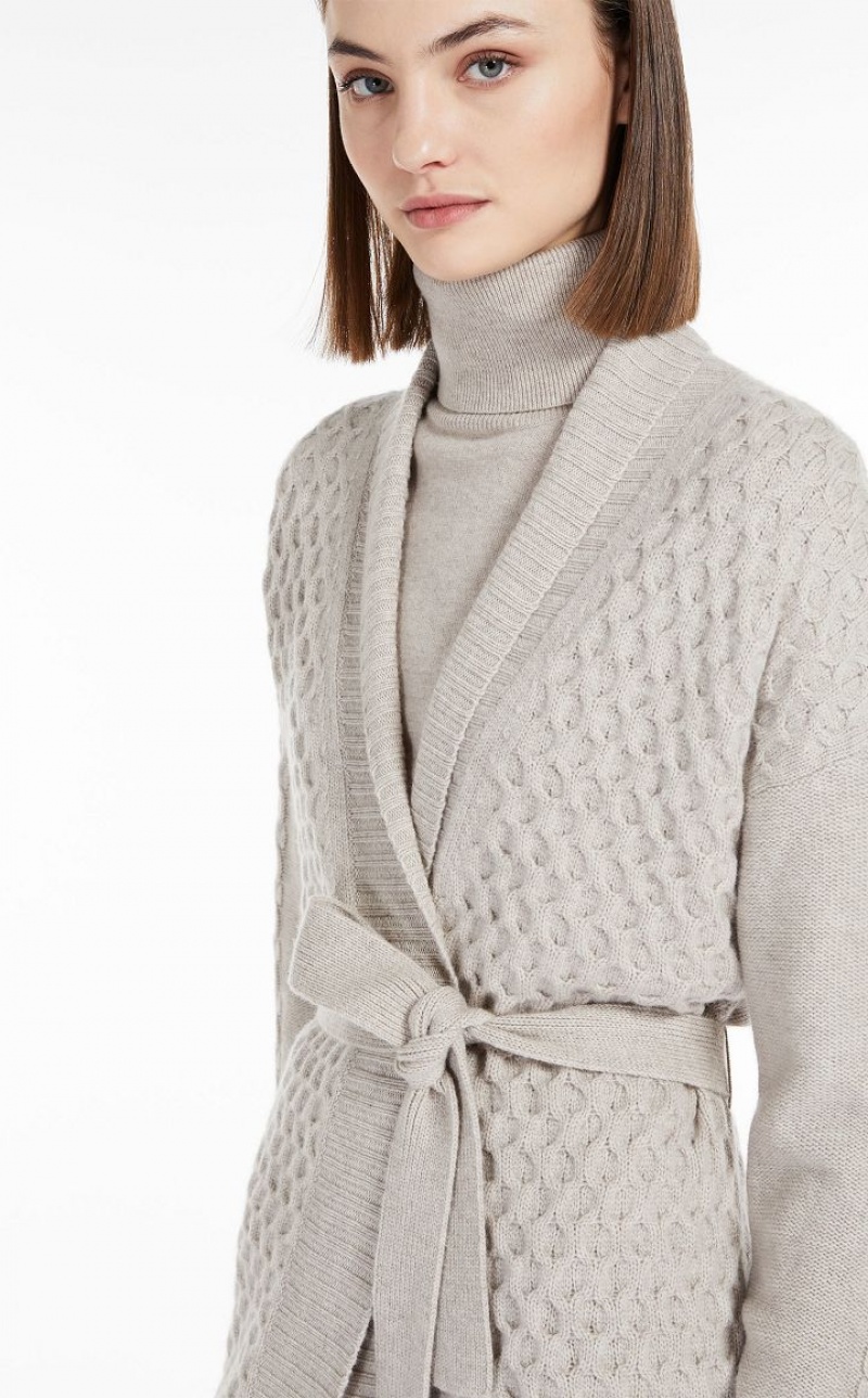 BEIGE MaxMara Wool And Cashmere Yarn Maxi Cardigan Coats | MMR593849