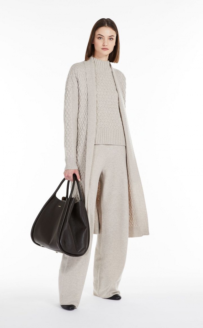 BEIGE MaxMara Wool And Cashmere Yarn Maxi Cardigan Coats | MMR593849