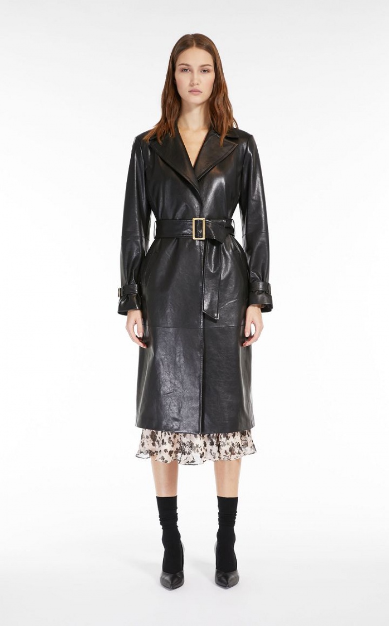 BLACK MaxMara Belt-adorned Nappa Overcoat Leather | MMR594019