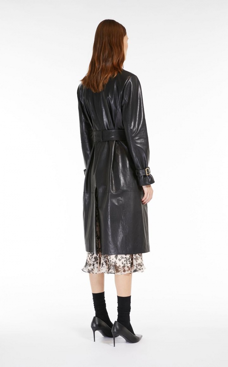 BLACK MaxMara Belt-adorned Nappa Overcoat Leather | MMR594019