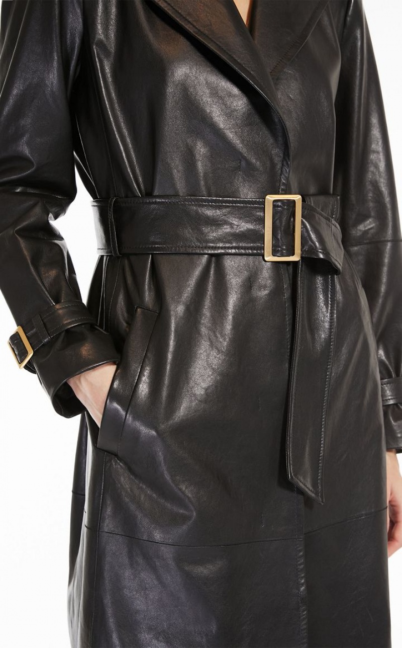 BLACK MaxMara Belt-adorned Nappa Overcoat Leather | MMR594019