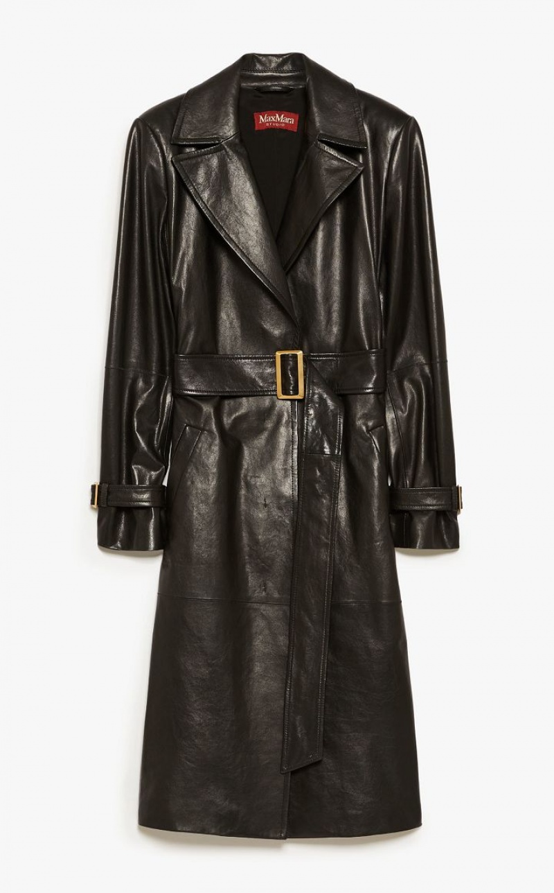 BLACK MaxMara Belt-adorned Nappa Overcoat Leather | MMR594019