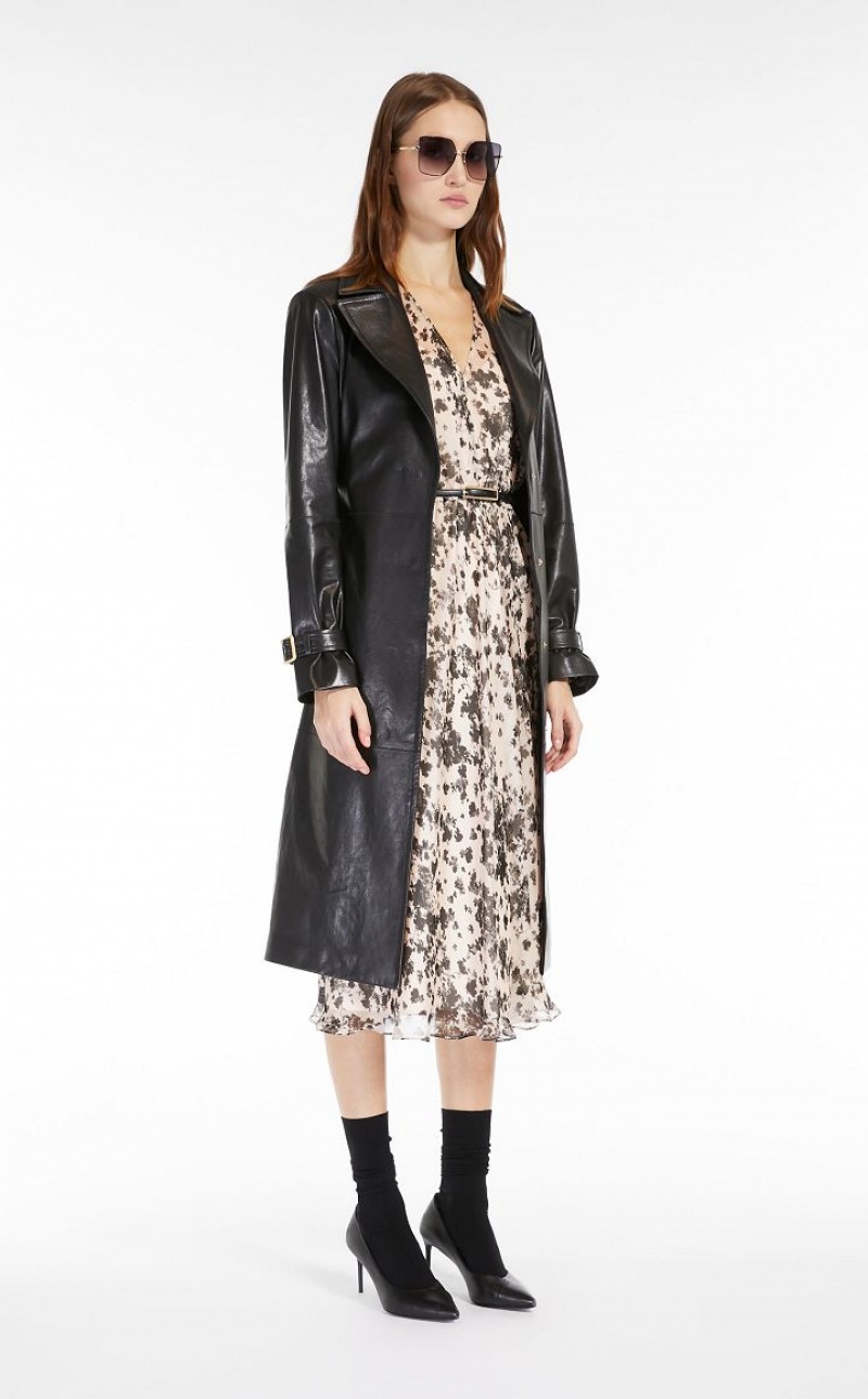 BLACK MaxMara Belt-adorned Nappa Overcoat Leather | MMR594019