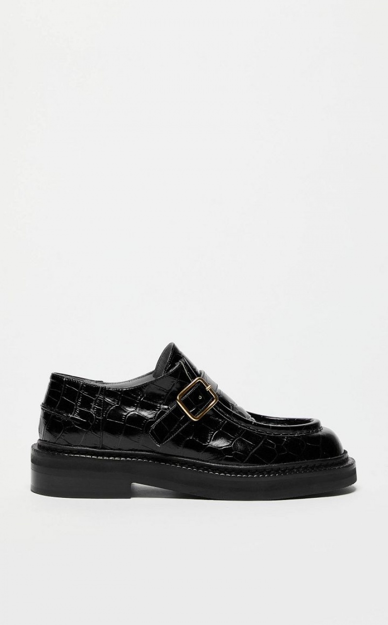 BLACK MaxMara Crocodile-print Leather Moccasins Flat Shoes | MMR594224