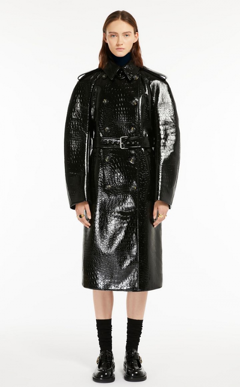 BLACK MaxMara Trench In Crocodile-effect Vinyl Fabric Coats | MMR593834