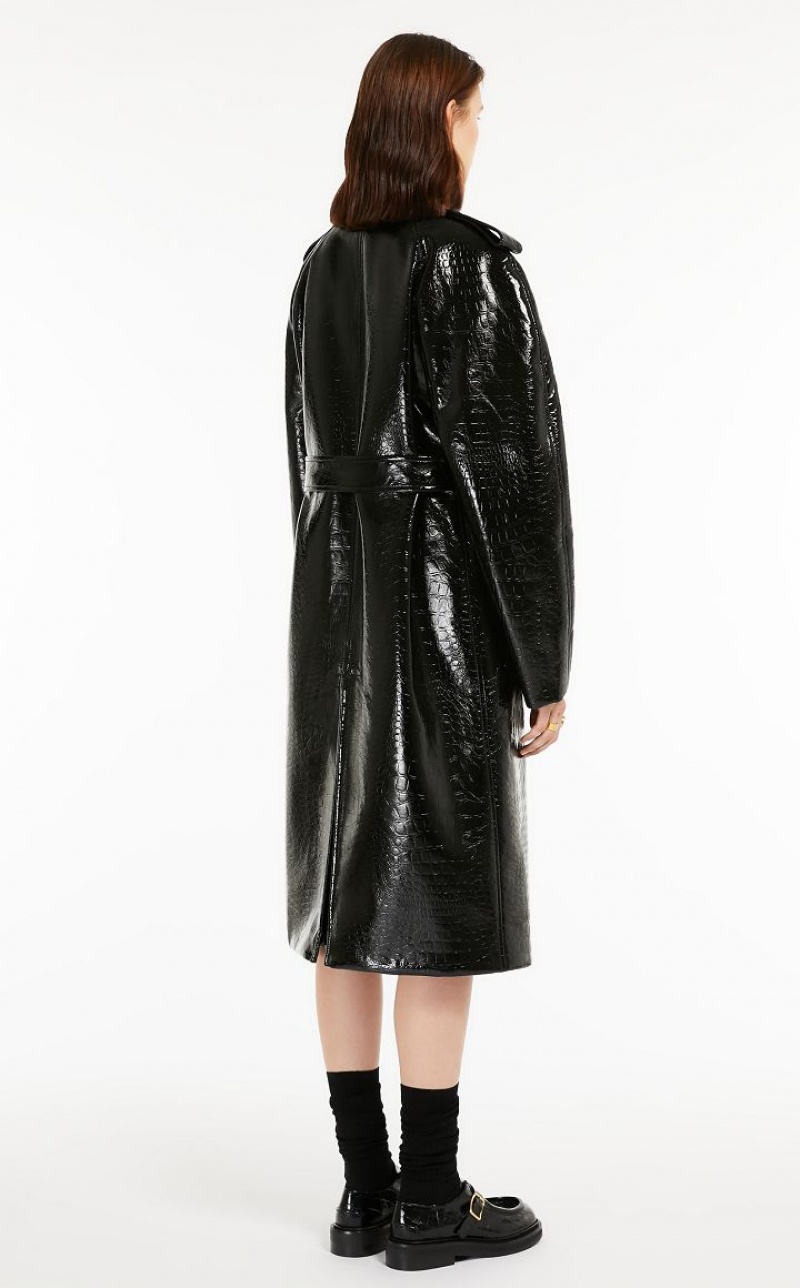 BLACK MaxMara Trench In Crocodile-effect Vinyl Fabric Coats | MMR593834