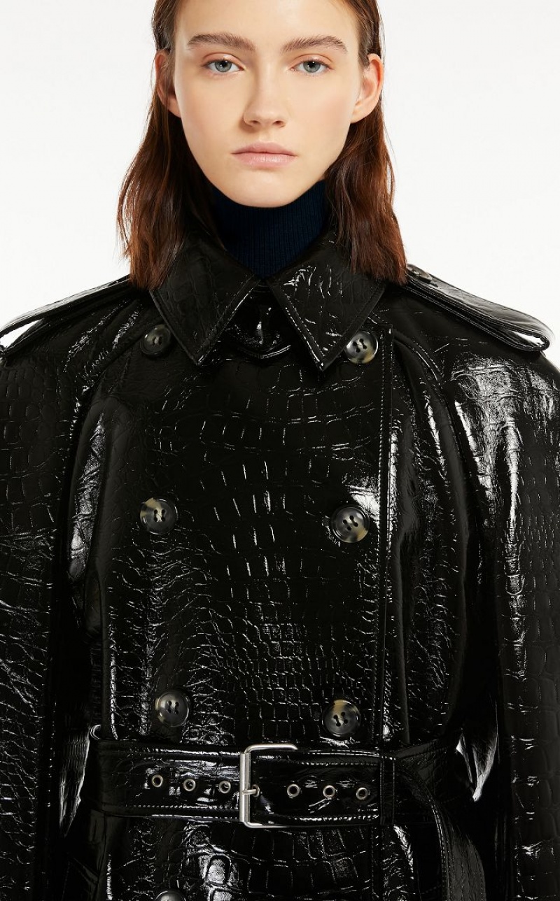 BLACK MaxMara Trench In Crocodile-effect Vinyl Fabric Coats | MMR593834