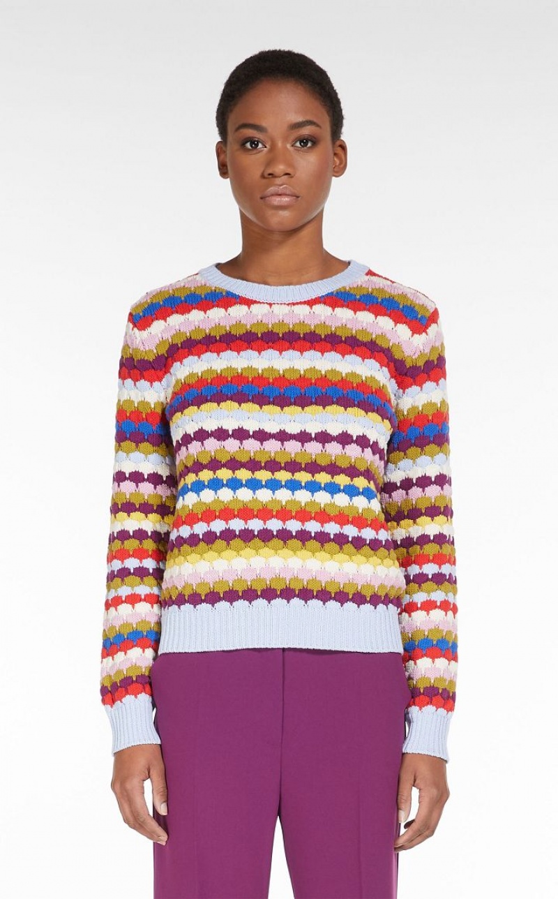 MULTICOLOUR MaxMara Round-neck Top In Striped Cotton Knitwear | MMR593445