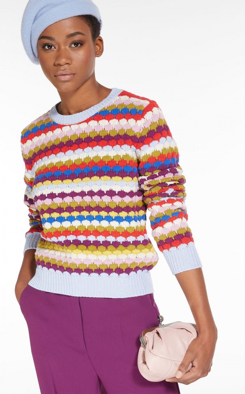 MULTICOLOUR MaxMara Round-neck Top In Striped Cotton Knitwear | MMR593445