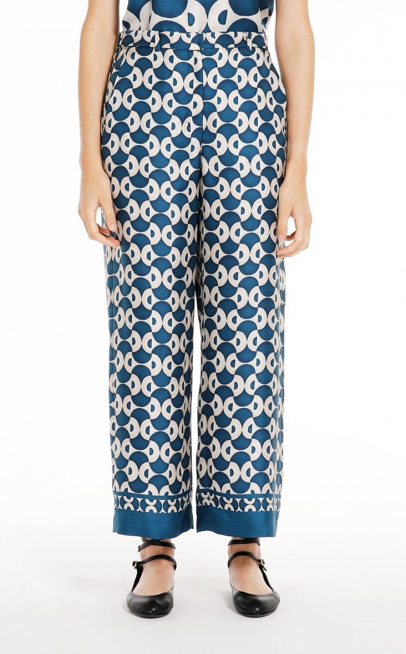 NAVY MaxMara Fluid Printed Silk Trousers | MMR593798