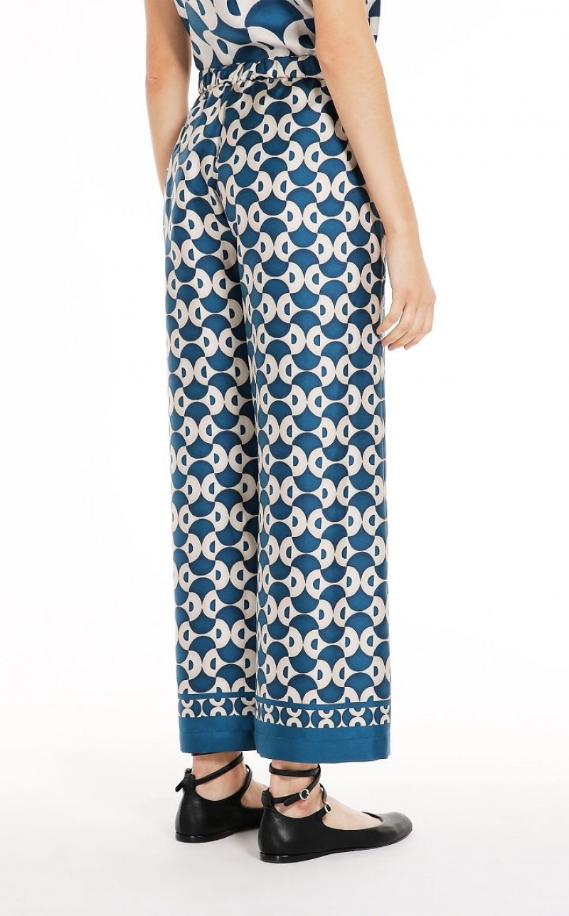 NAVY MaxMara Fluid Printed Silk Trousers | MMR593798