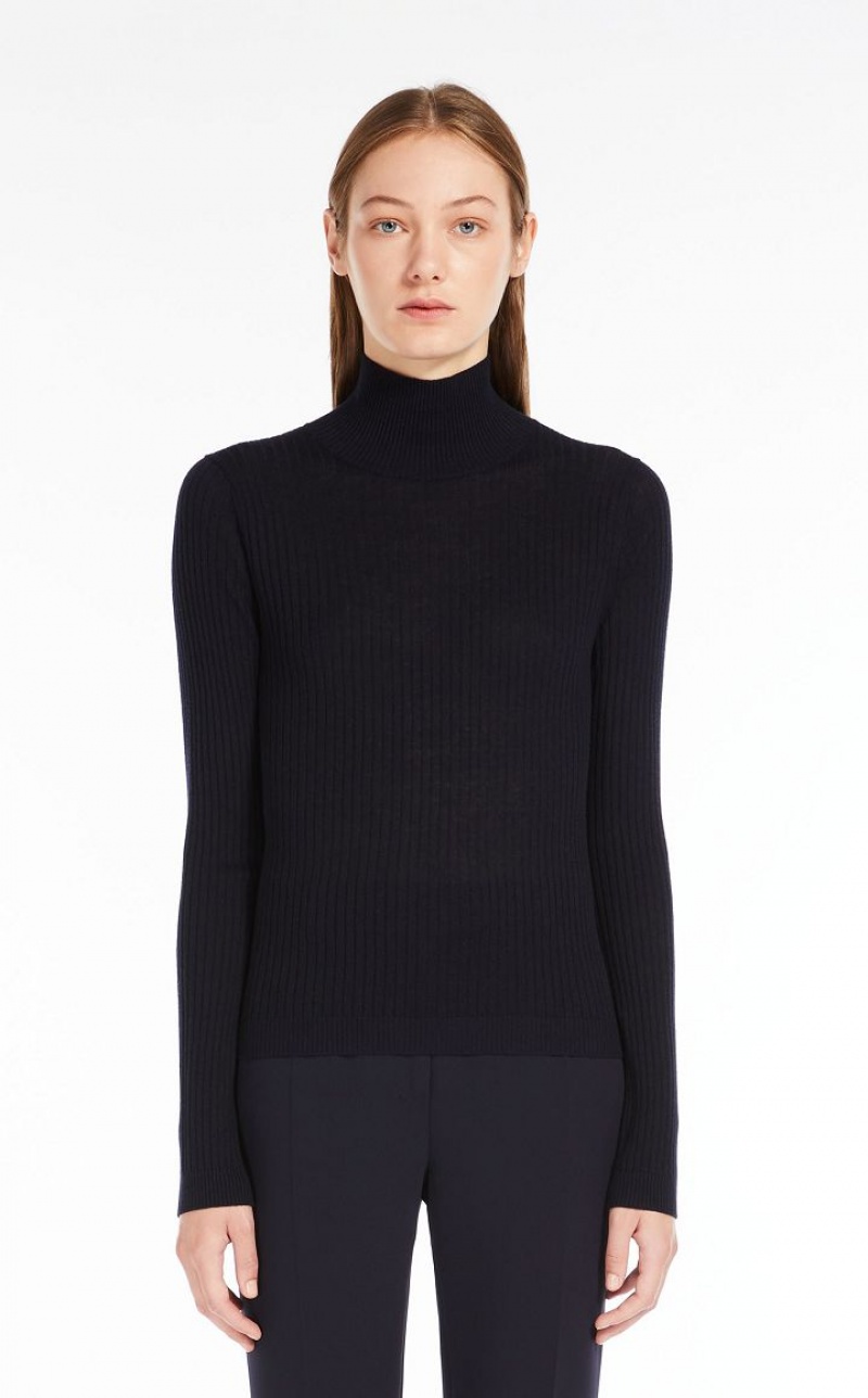 NAVY MaxMara Rib Wool And Silk Polo-neck Knitwear | MMR593463