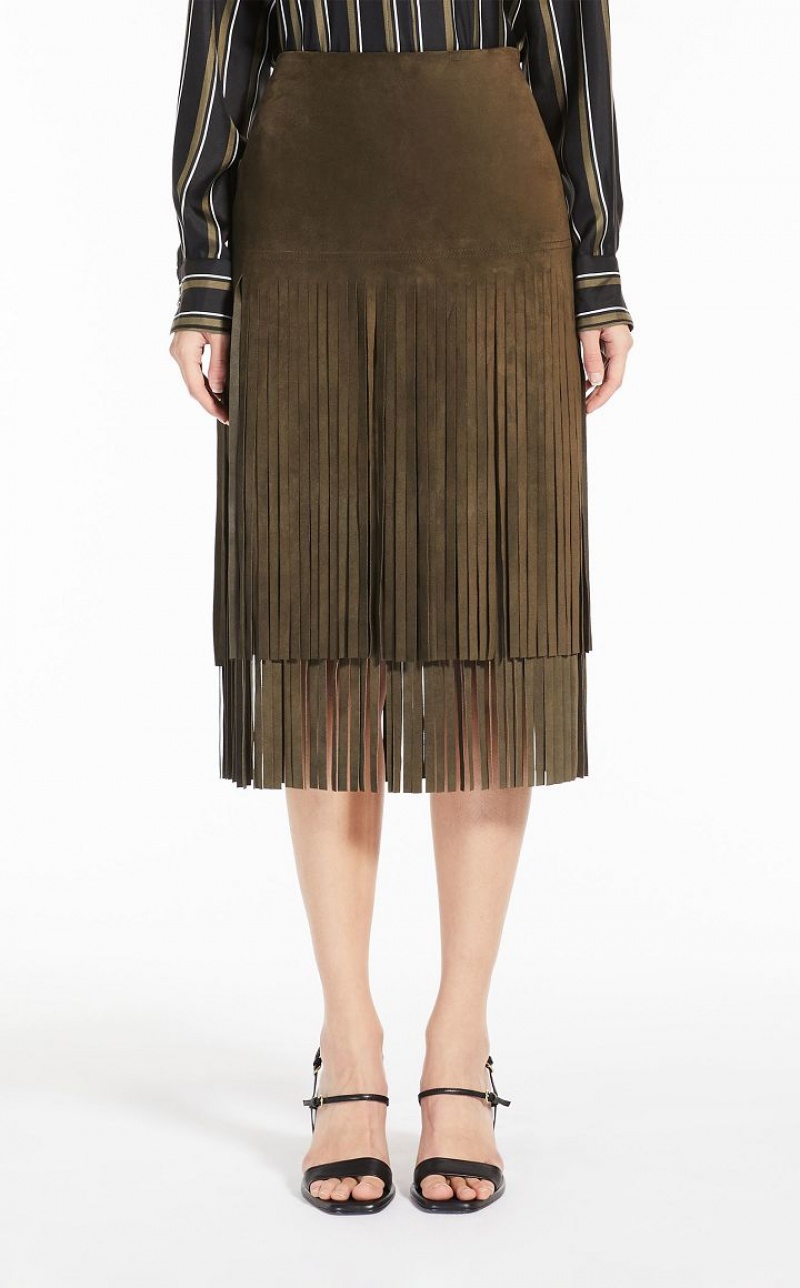 OLIVE GREEN MaxMara Suede With Fringe Skirts | MMR593679