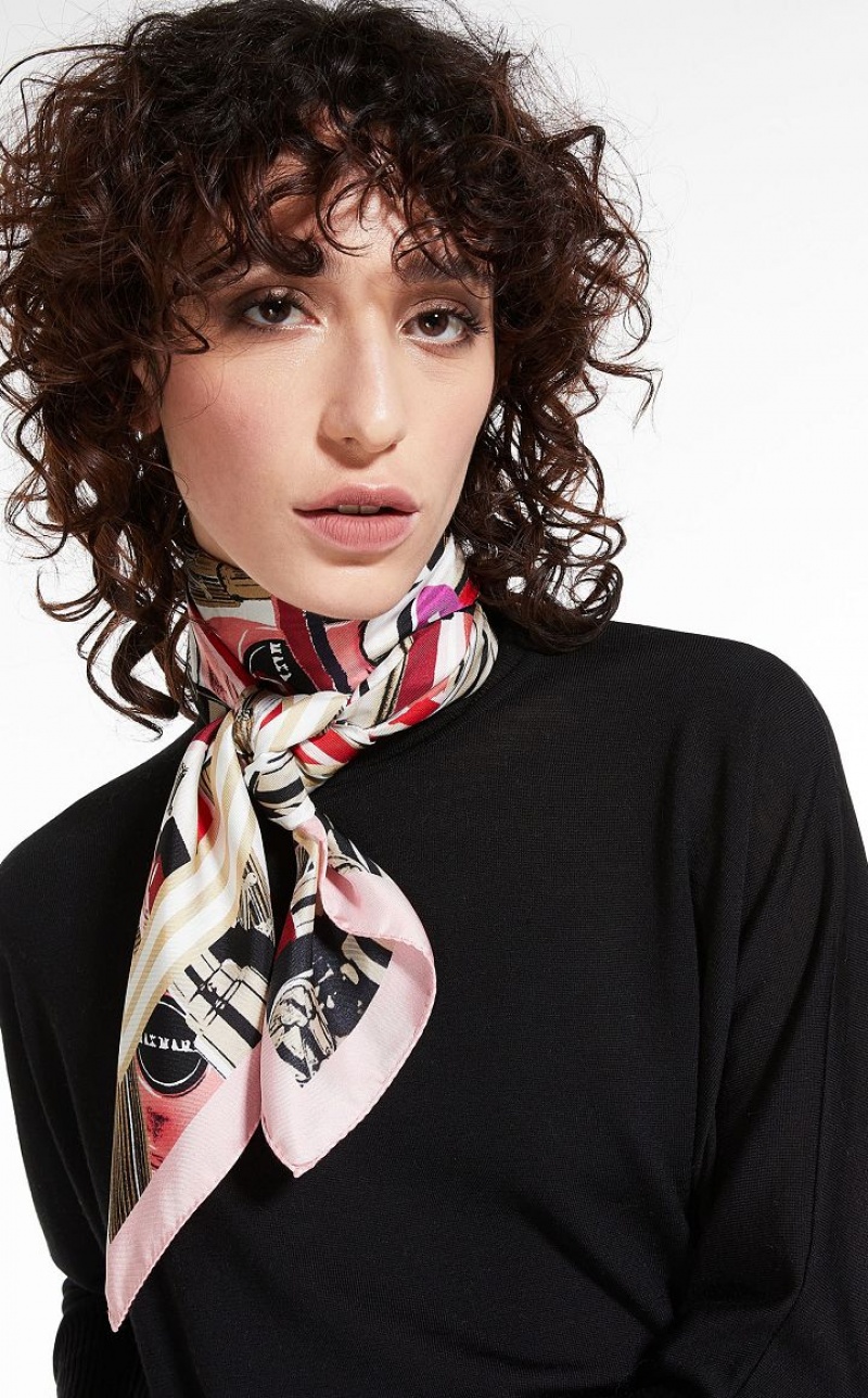 SUGARED-ALMOND ROSE MaxMara Printed Silk Foulard Scarves | MMR594280