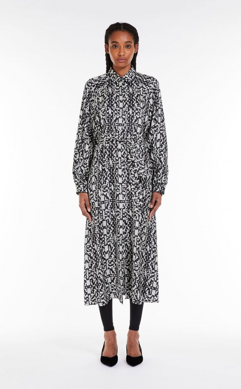 WHITE BLACK MaxMara Printed Silk Shirt Dresses | MMR593314