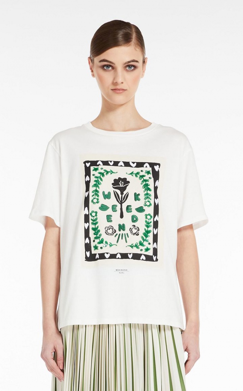 WHITE MaxMara Jersey With Print And Embroidery T-shirts | MMR593635