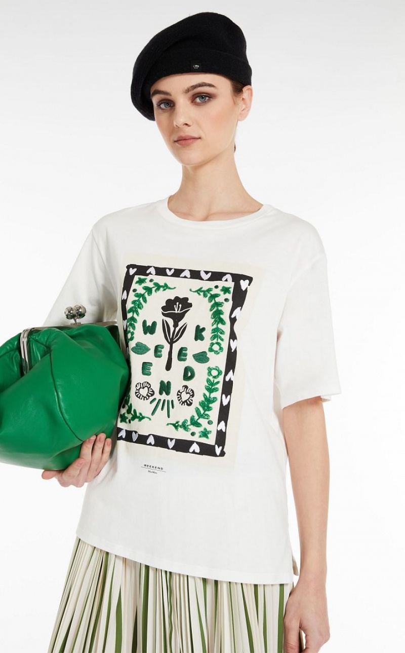 WHITE MaxMara Jersey With Print And Embroidery T-shirts | MMR593635