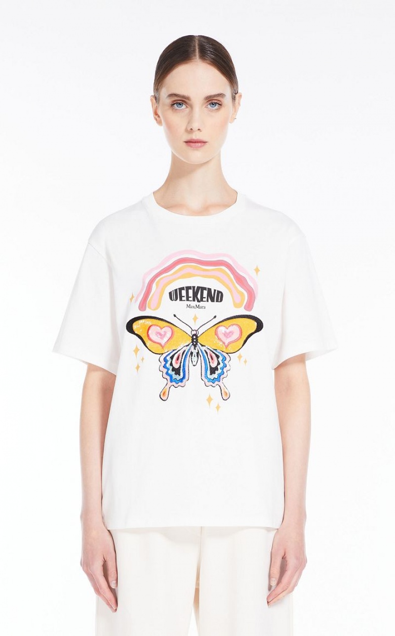 WHITE MaxMara Jersey With Print And Embroidery T-shirts | MMR593649